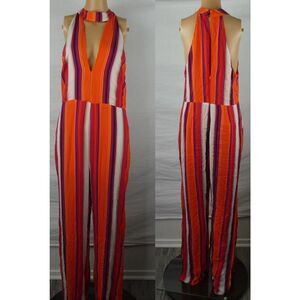 The Room Ark & Co. Striped Split Leg Jumpsuit Orange White Keyhole Tangerine